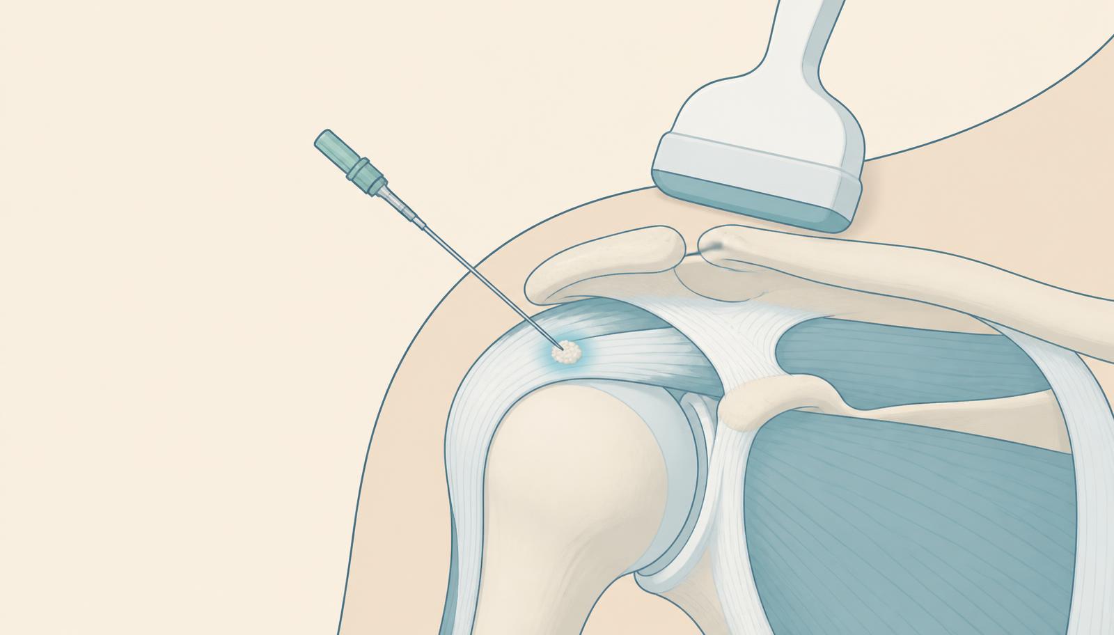 Illustrazione della spalla con calcificazione del tendine, sonda ecografica e ago per il lavaggio ecoguidato