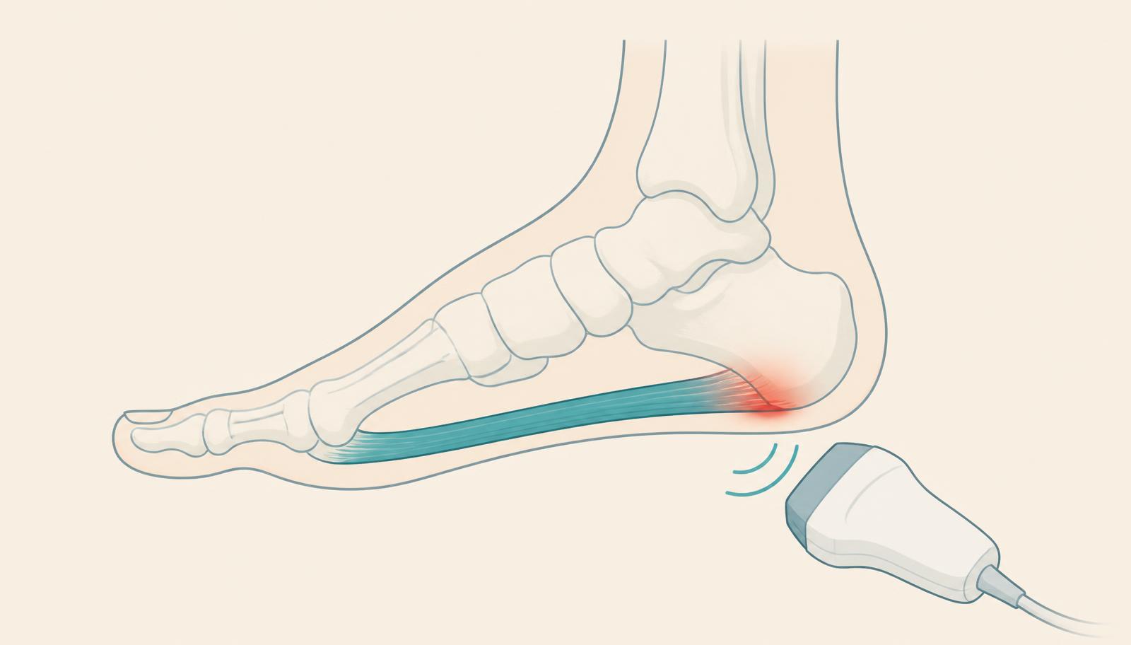 Illustrazione del piede con fascia plantare infiammata all'inserzione sul calcagno e sonda ecografica