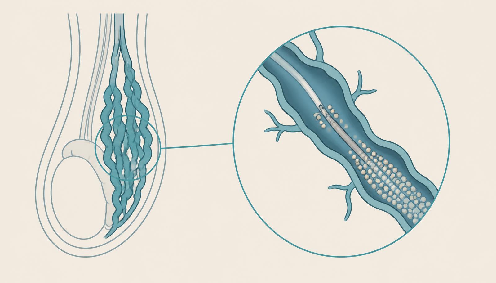 Illustrazione delle vene spermatiche dilatate del varicocele con catetere ed embolizzazione