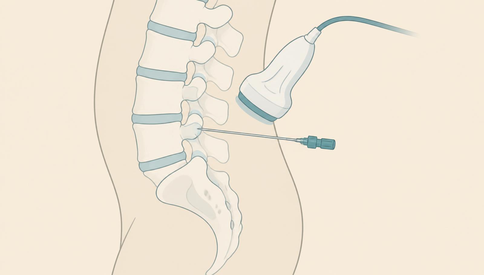 Illustrazione della colonna lombare con sonda ecografica e ago per infiltrazione ecoguidata