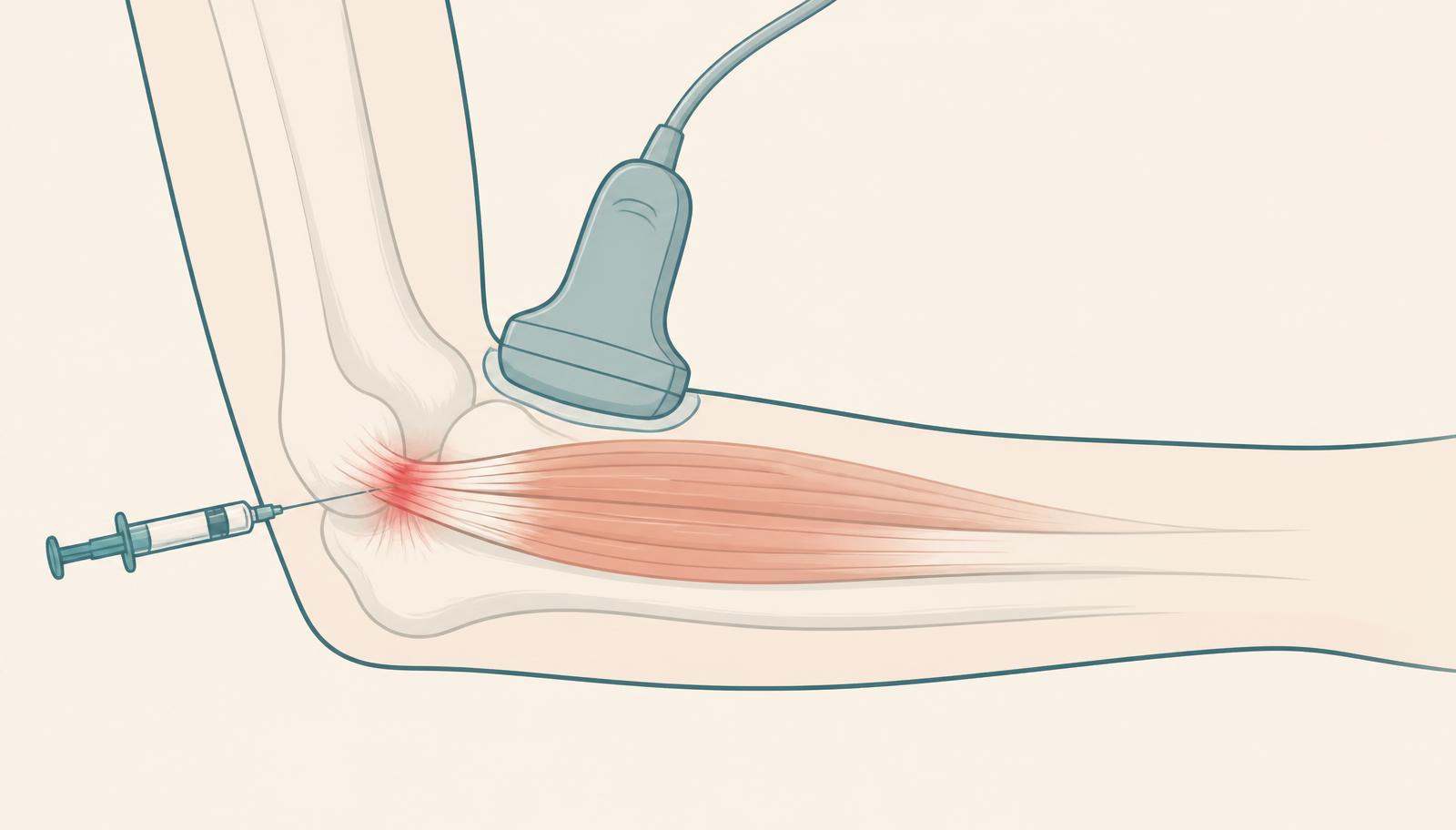 Illustrazione del gomito con tendine epicondiloideo infiammato, sonda ecografica e ago